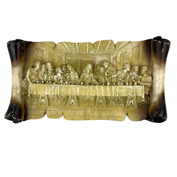 Vintage Cast Resin 3D Last Supper Scroll Plaque Christian Decor - Picture 1 of 10